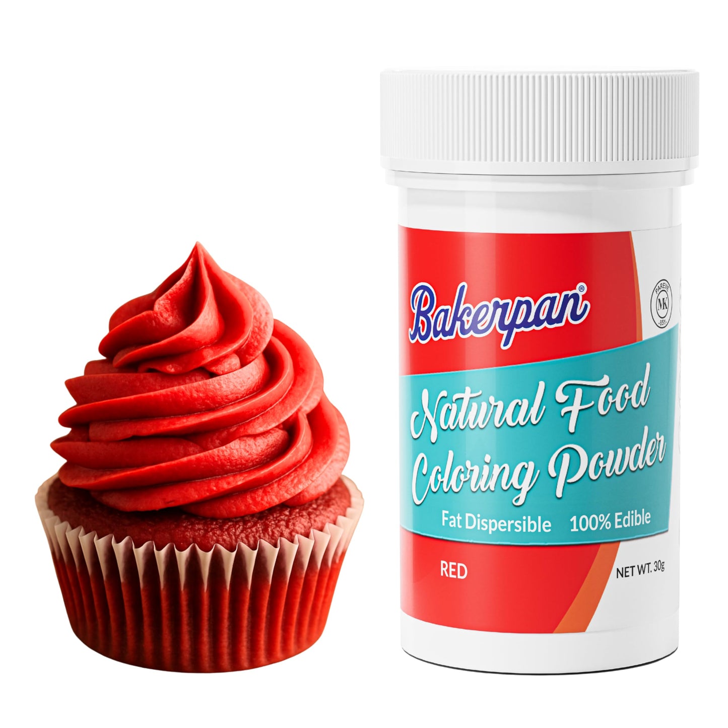 Bakerpan Red Natural Food Coloring Powder - 30 Grams - Oil Based Fat Dispersible Dye-Free Food Coloring for Buttercream Frosting
