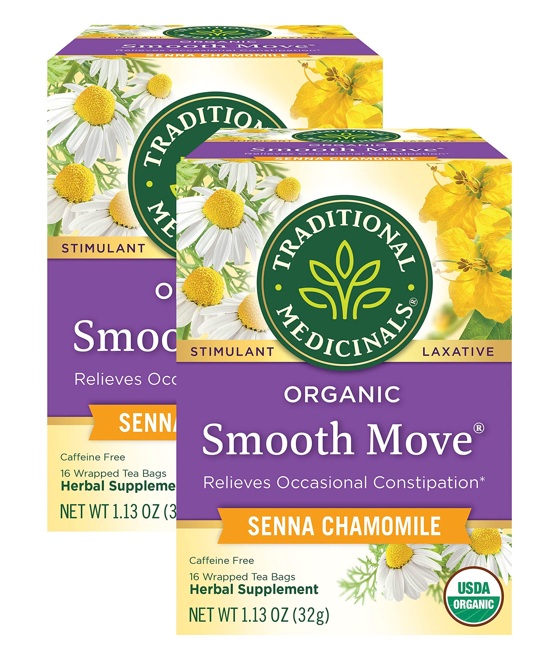 Traditional Medicinals Smooth Move Senna Herbal Stimulant Laxative Tea, Chamomile, Net Wt 1.13Oz (Pack - 2)