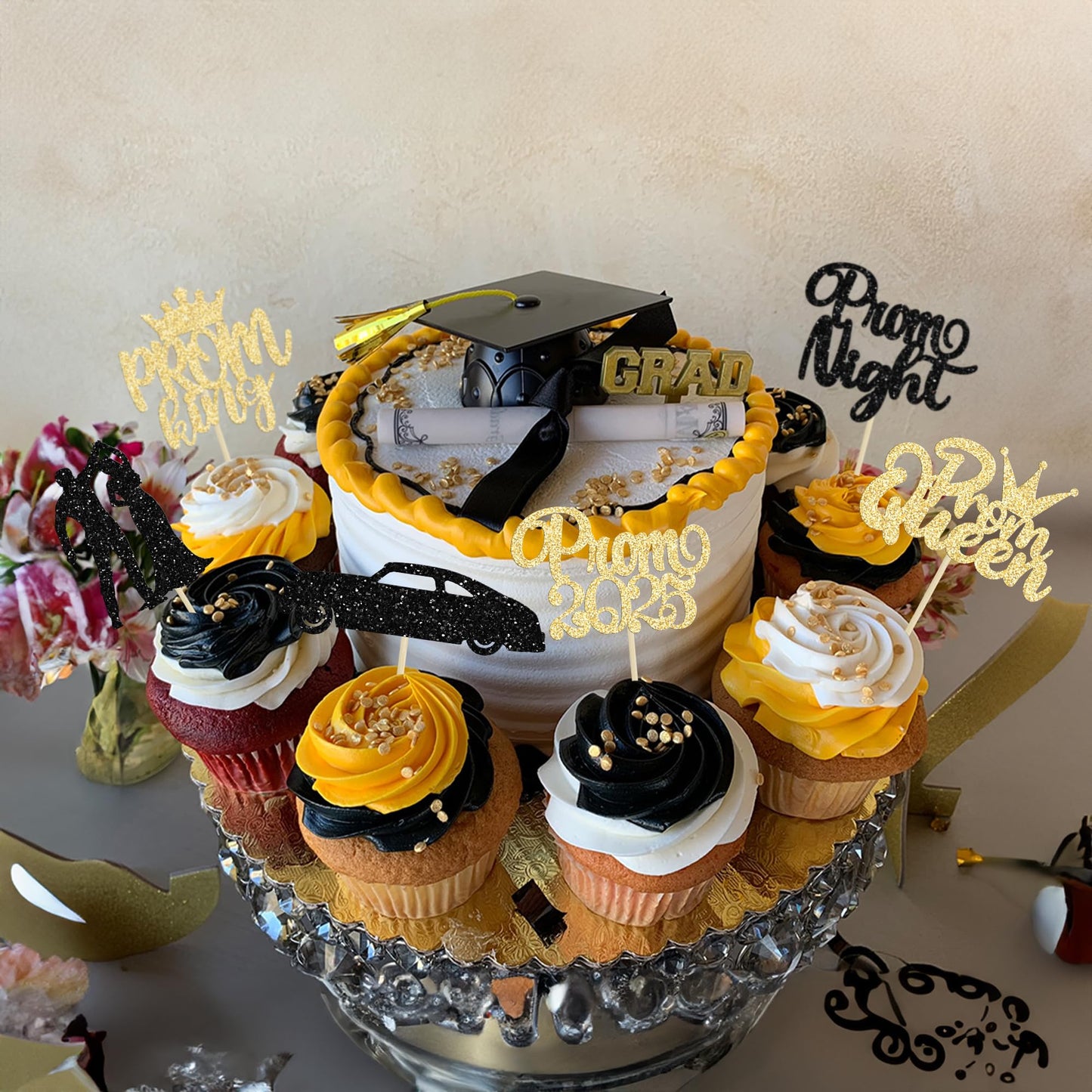 Gyufise 24Pcs Black Gold Prom Cupcake Topper Prom Decorations For Party 2025 Prom Graduation Cupcake Topper 2025 Graduation Deco
