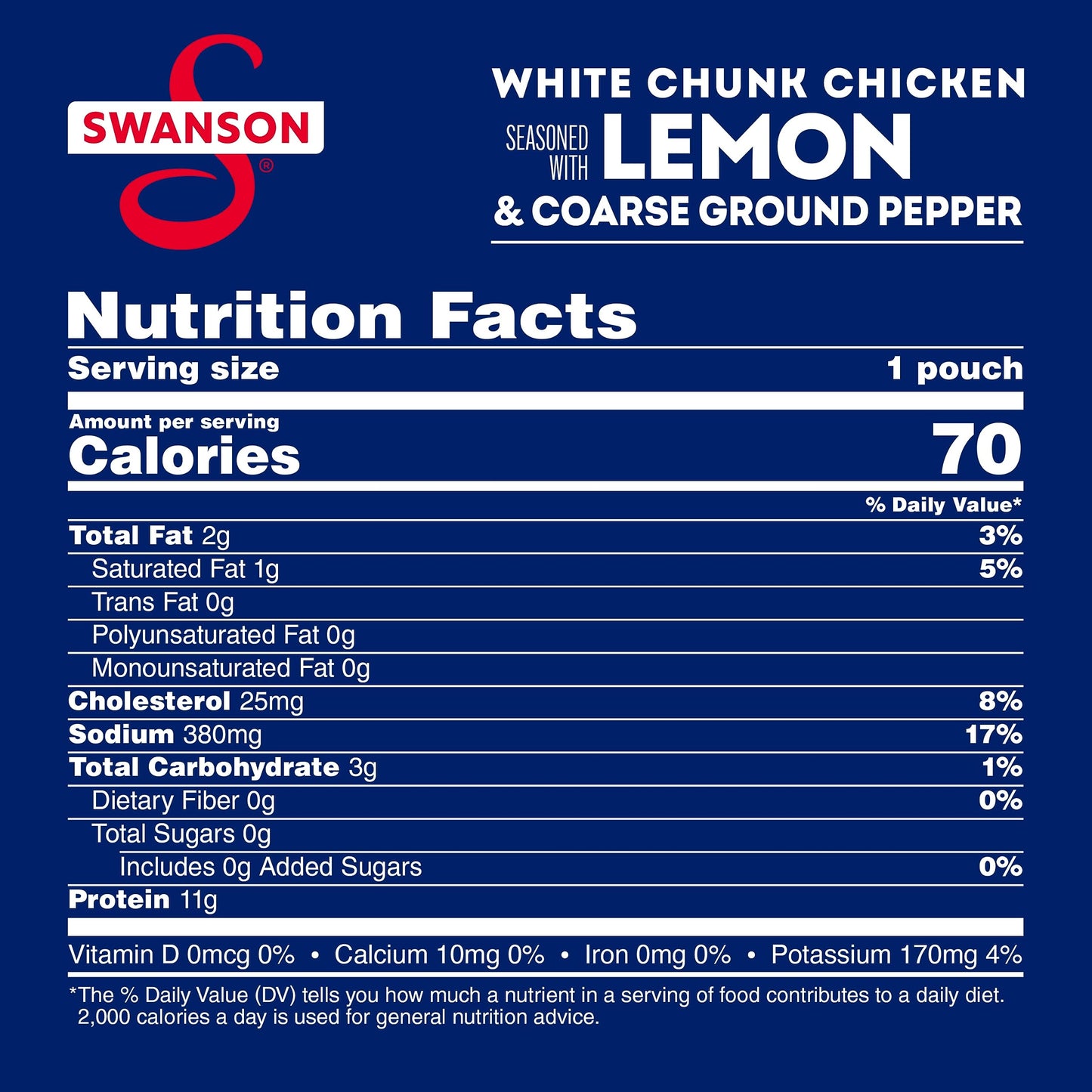 SWANSON S Lemon & Coarse Ground Pepper White Chunk Chicken, Ready to Eat, 2.6 oz Pouch