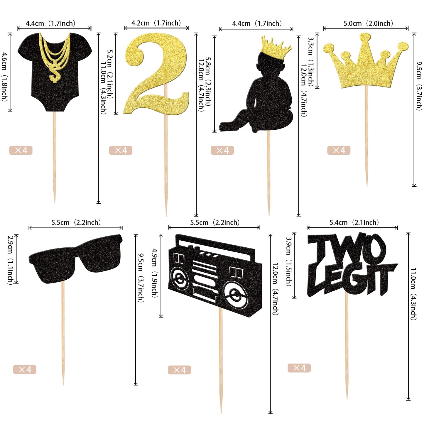 28 Pcs Two Legit Cupcake Toppers Black Glitter Hip Hop 2Nd Birthday Cupcake Picks Two Cool Glasses 90S Cake Decorations For Baby