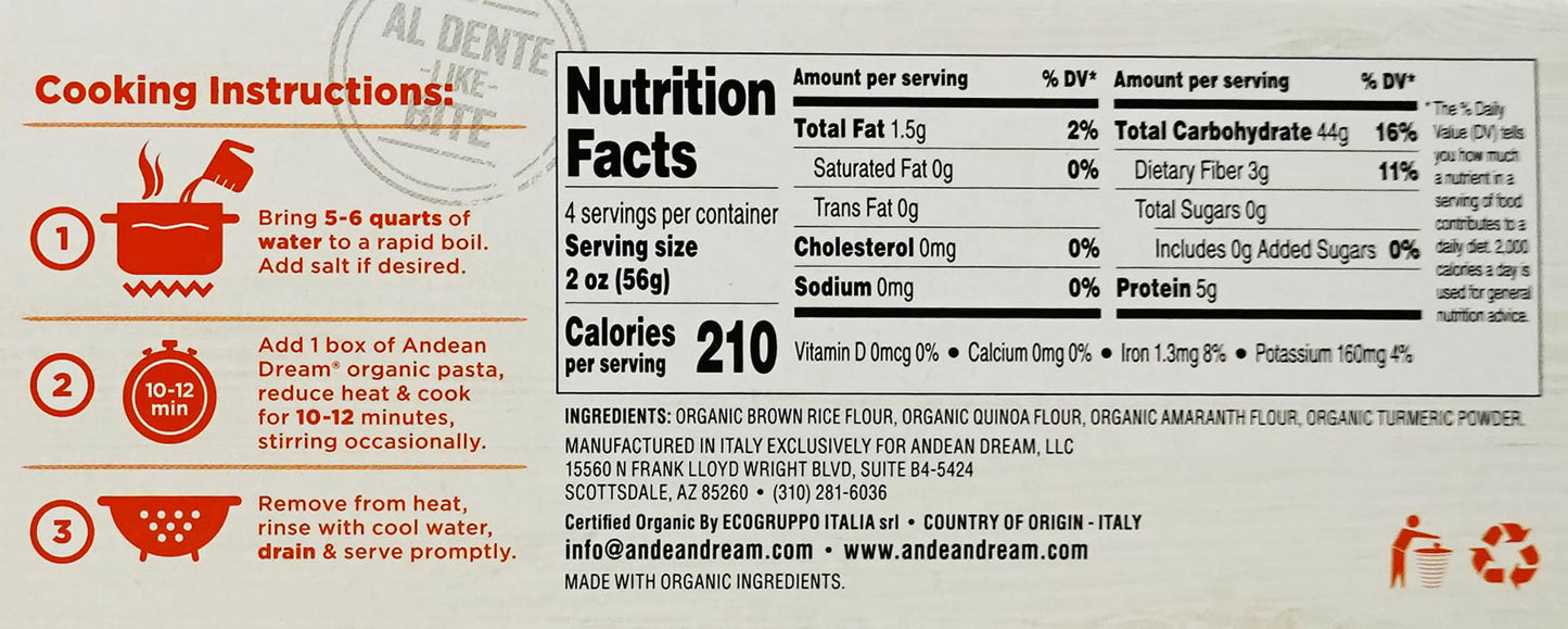 Andean Dream Organic Turmeric Spaghetti Pasta (12 Pack)