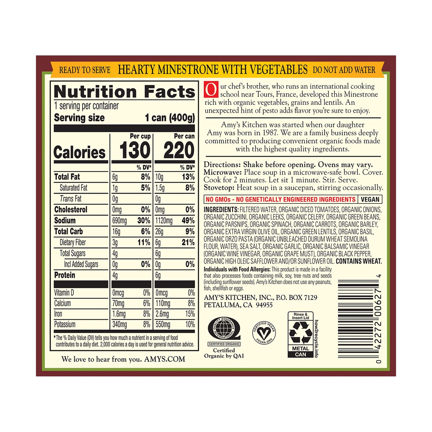 Amys Organic Hearty Minestrone with Vegetables Soup, 12.7 Ounce - 12 per case.