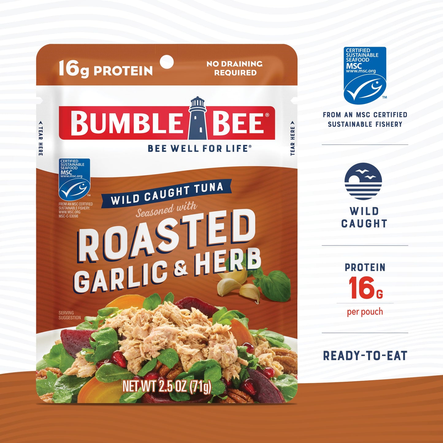 Bumble Bee Roasted Garlic & Herb Seasoned Tuna, 2.5 Oz Pouches (Pack Of 12) - Ready To Eat - Wild Caught Tuna Pouch - 16G Protein Per Serving - Gluten Free