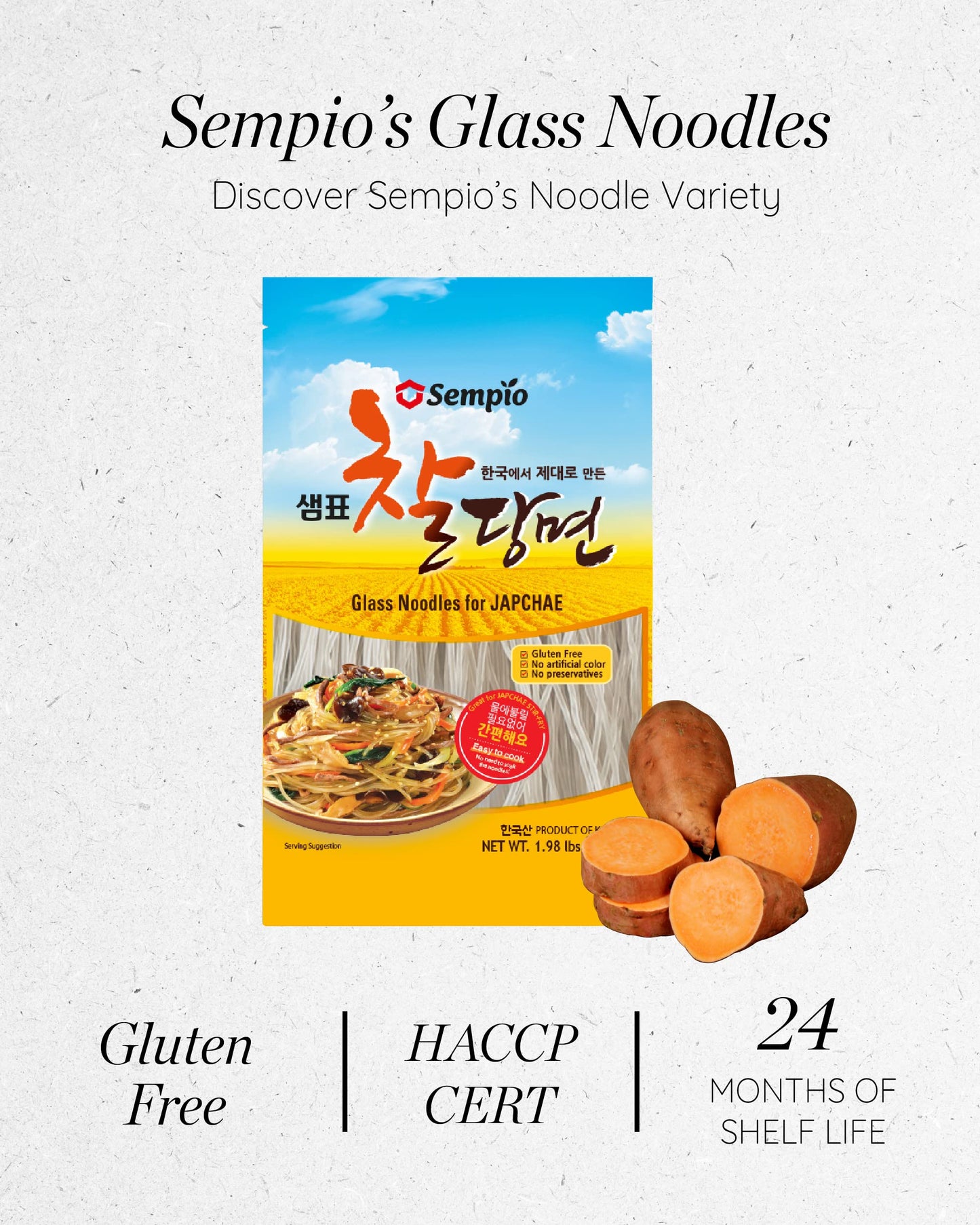 Sempio Glass Noodles, Dangmyun - Gluten-Free - Sweet Potato Vermicelli, Ideal For Korean Food, Japchae, Galbitang (31.74 Oz / 900G, Fat-Free, Good Carbs, Big Portions, Pasta Alternative)