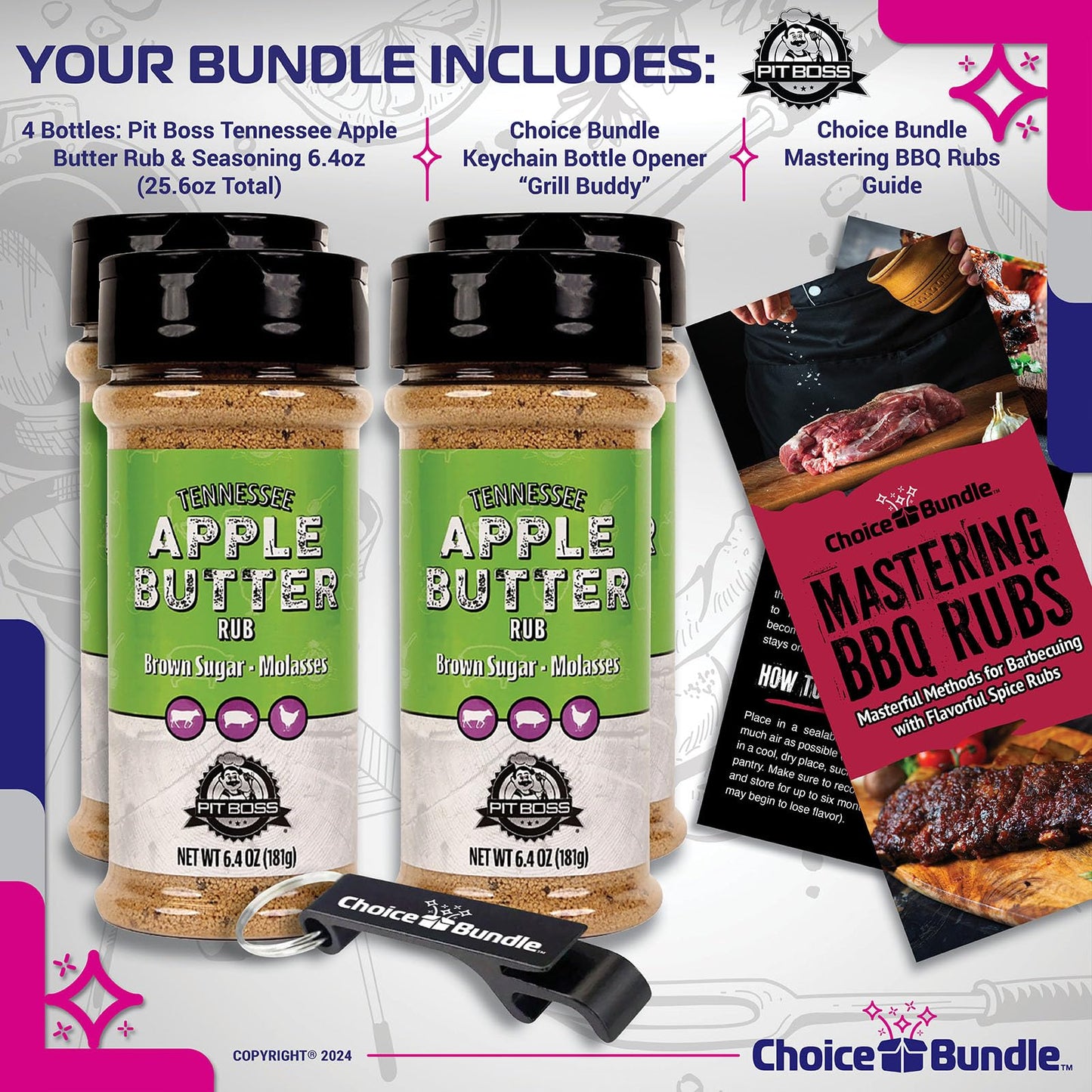 Pit Boss BBQ Mixed Seasoning Spice & Rub Choice Bundle, 4 Pack (25.6 oz) with Guide & Keychain Opener