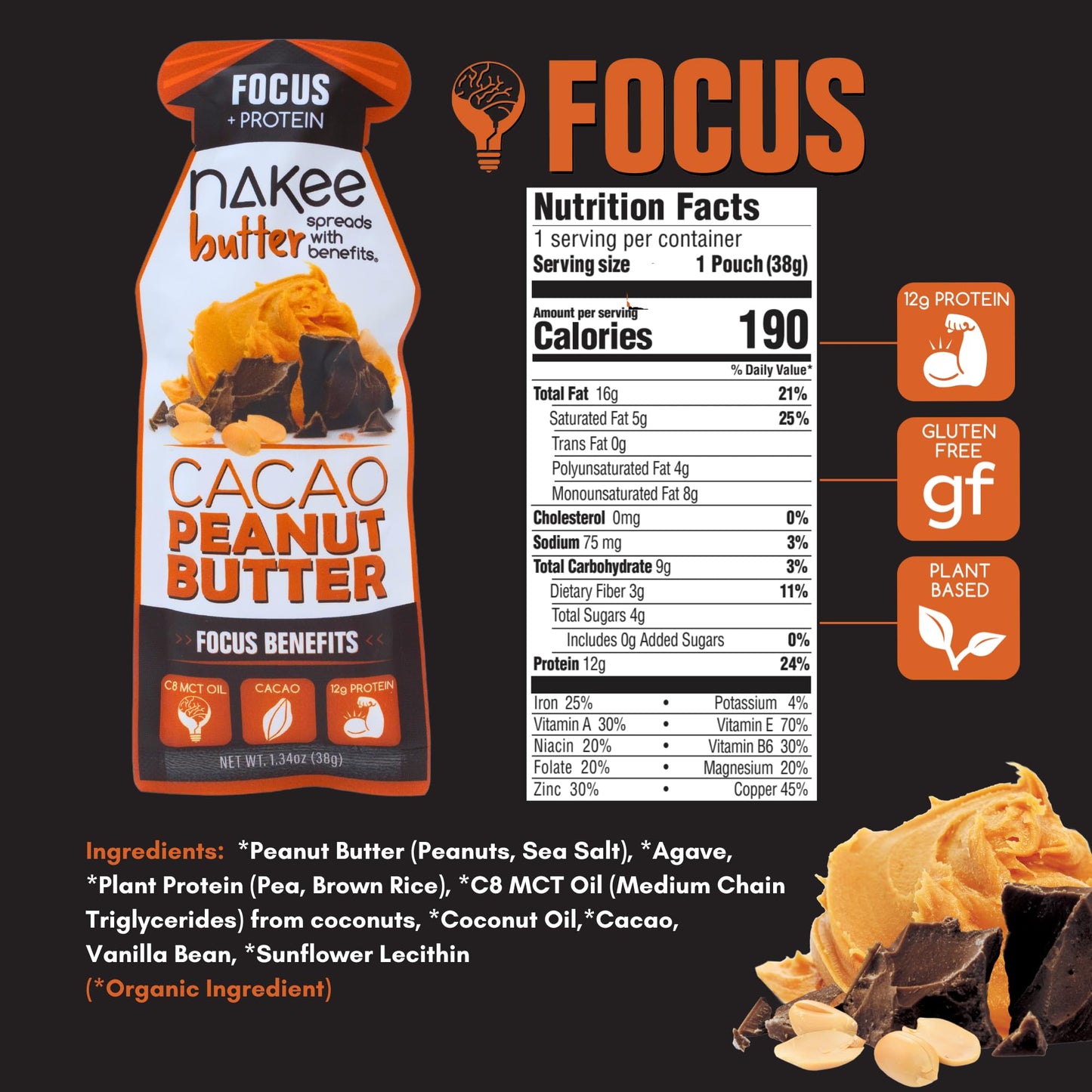 Nakee Butter High-Protein Keto Peanut Butter with Cacao & MCT Oil, 12g Protein, 1.34 oz (Pack of 6)