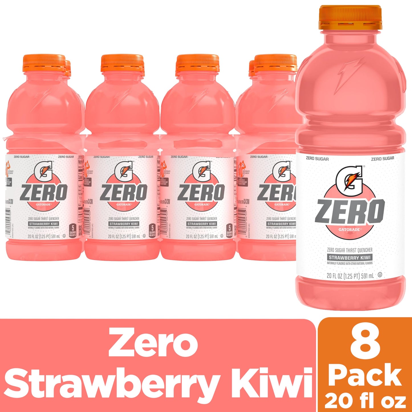 Gatorade Zero Sugar Thirst Quencher Sports Drink, Strawberry Kiwi, 20oz Bottles, 8 Pack, Electrolytes for Rehydration, Pink