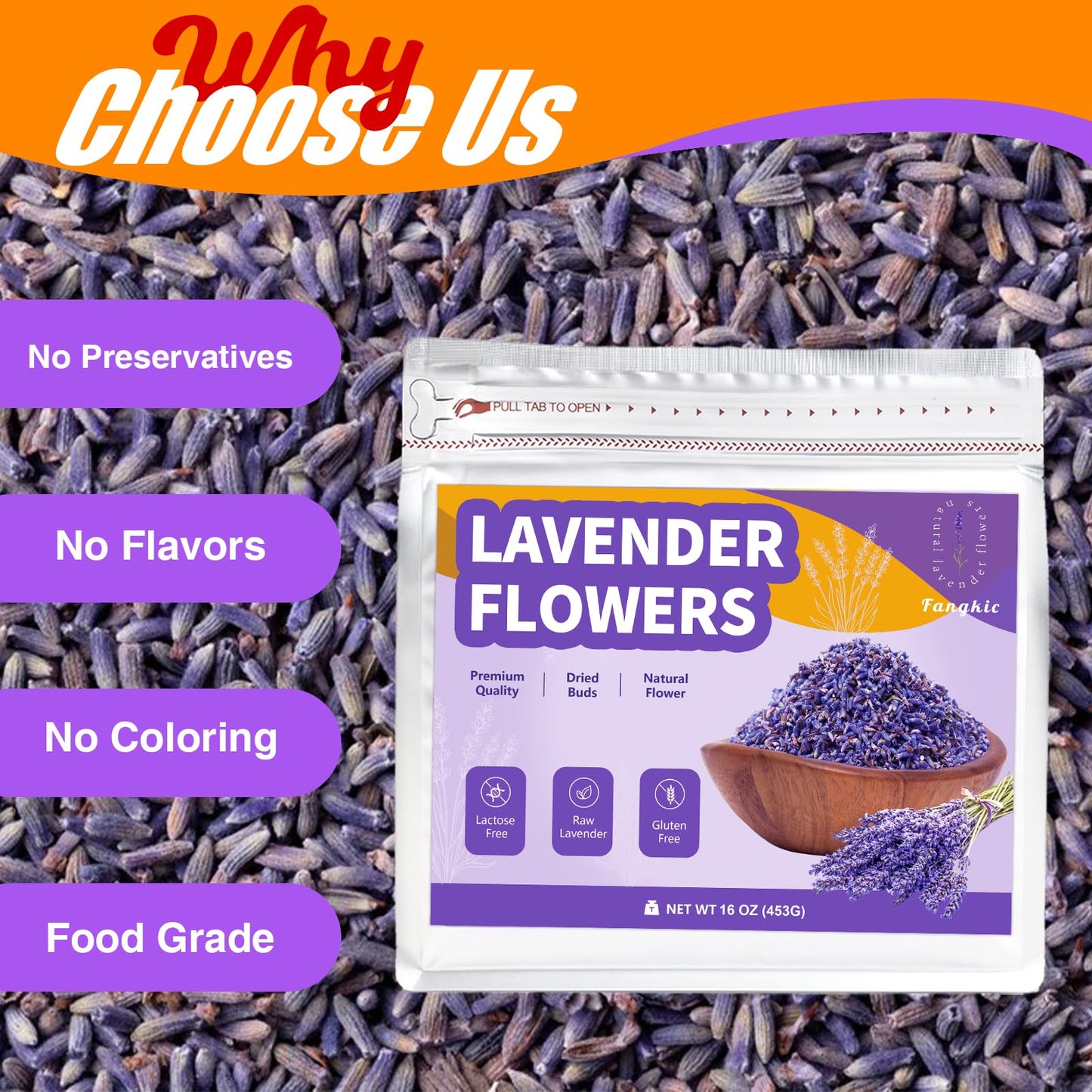 Fangkic Dried Culinary Lavender Flowers - Food Grade Edible Buds, Gluten Free, 16 oz