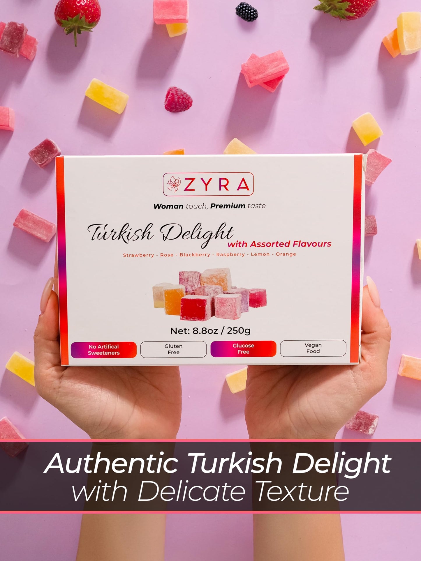 Zyra Turkish Delight - 8.8Oz - Woman Owned Brand - Luxury With Assorted Fruit - Rose, Strawberry, Raspberry, Blackberry, Lemon, Orange - Authentic Enhanced Lokum Confectionery - Gifts For Everyone