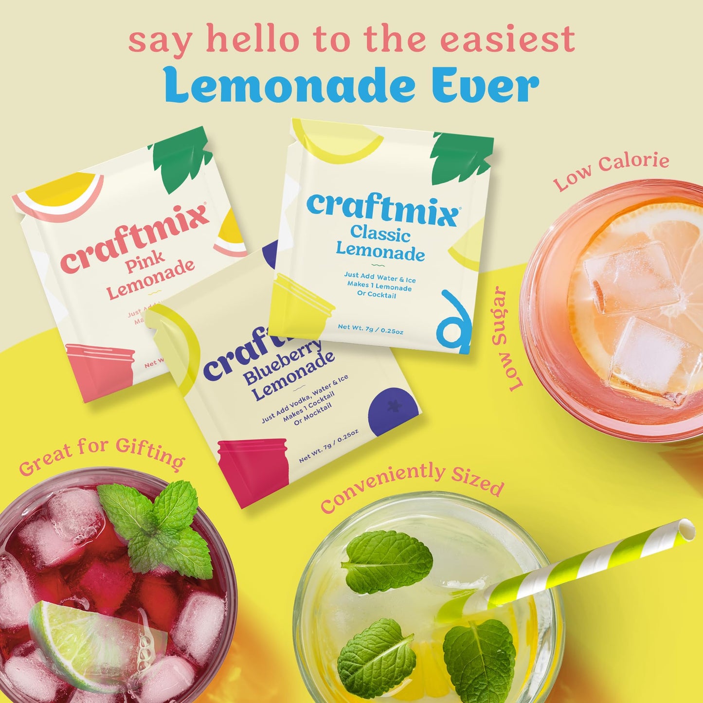 Craftmix Lemonade Variety Mix  12 Packets  Easy Powder Drink with Real Fruit  Low-Sugar  Vegan  Low-Carb  Non-GMO  Dairy-Free  Gluten-Free  Flavored Water Enhancer  On-the-Go Water Flavoring Packets