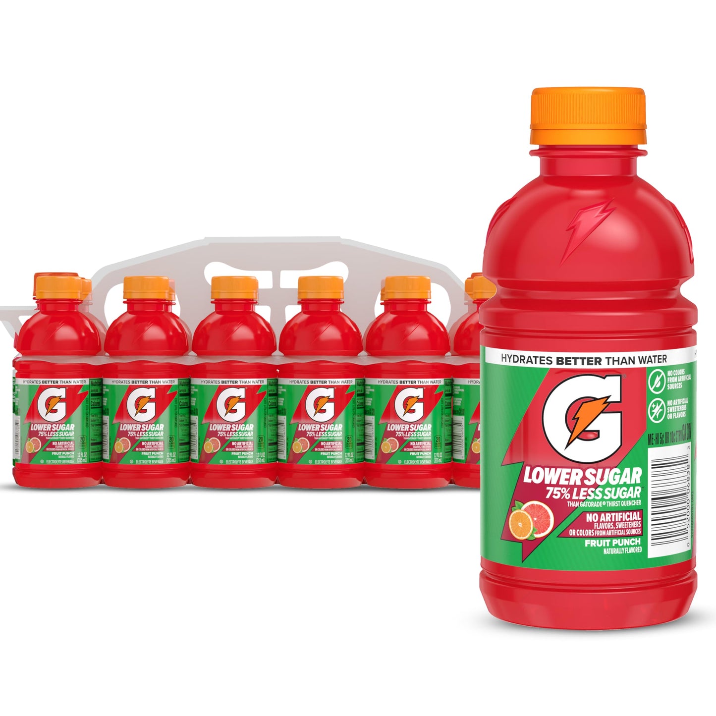 Gatorade Lower Sugar Electrolyte Sports Drink, Fruit Punch, 12 fl oz Bottles, (12 Pack), 75% Less Sugar, No Artificial Flavors, 