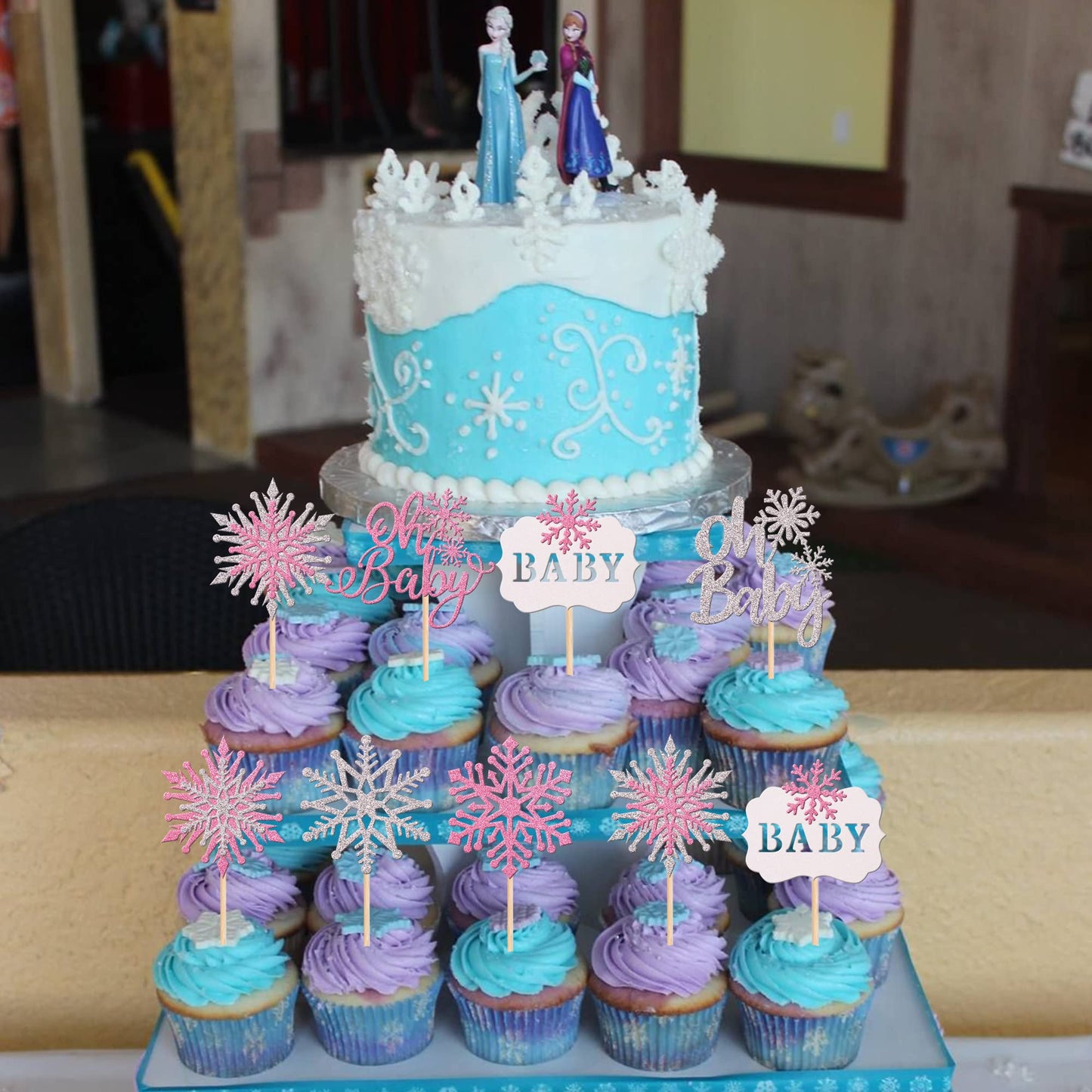 28 Pcs Oh Baby Snowflake Cupcake Toppers Glitter Winter Frozen Theme Snowflake Cupcake Picks For Winter Wonderland Gender Reveal