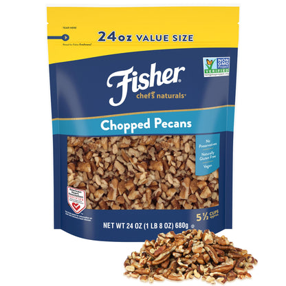 Fisher Chefs Naturals Unsalted Chopped Pecans 24 oz Resealable Bag, Unsalted Raw Nuts for Cooking, Baking & Snacking, Healthy S