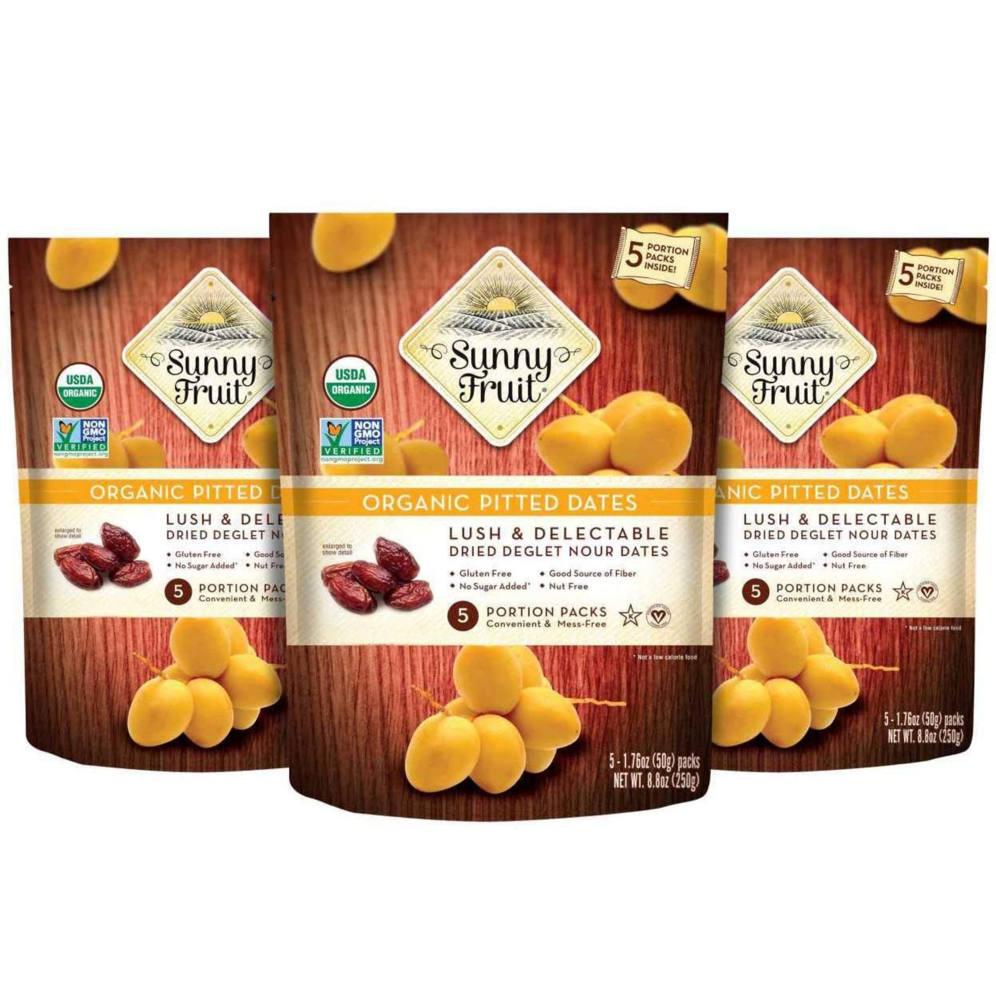 ORGANIC Pitted Dried Dates - Sunny Fruit (3 Bags) - (5) 1.76oz. Portion Packs per Bag | Purely Dates - NO Added Sugars, Sulfurs 