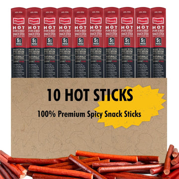 Jerky.Com Hot Beef And Pork Jerky Meat Sticks 10 Pack | 5G Protein, 90 Calories, Sugar Free, Gluten-Free, Individually Wrapped, Keto Friendly, Low Carb Snack | Delicious Smoked Beef Jerky Sticks | Gifts For Men