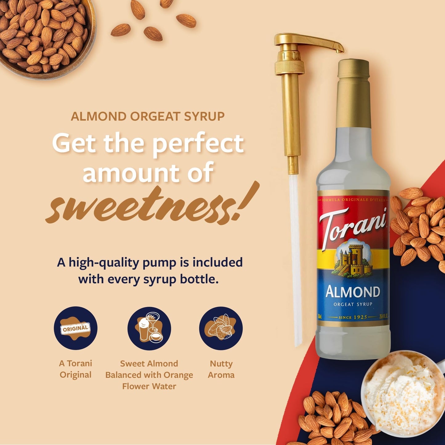 Torani Coffee Syrup, Almond Orgeat Flavored, 25.4 Fl Oz, Pump Included