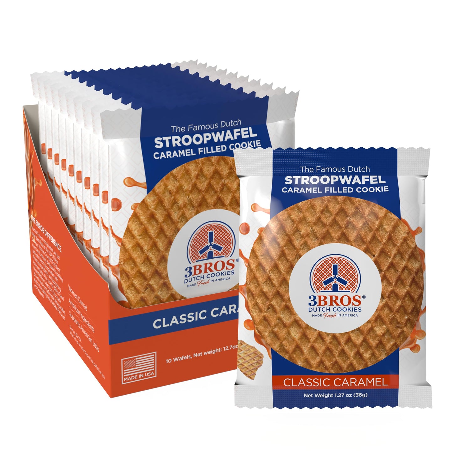 3Bros Stroopwafels  Dutch Caramel-Filled Waffle Cookies  Individually Wrapped  10 Count  Soft Toasted Outside With Buttery Caramel Filling  Made in USA in Our Family Bakery