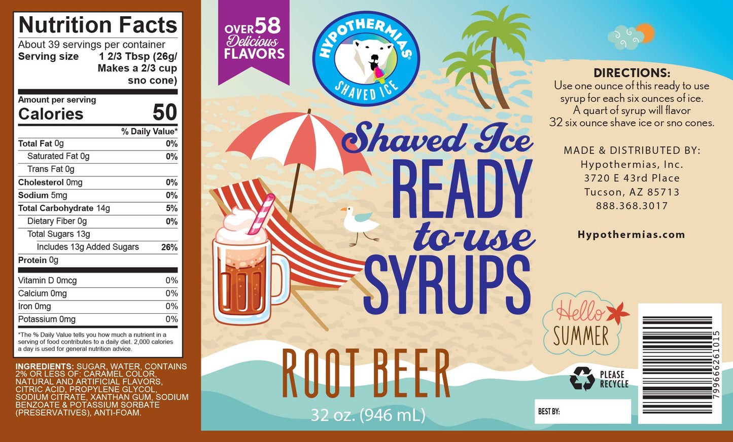 Hypothermias Shaved Ice Syrup - Root malt-inspired - Non-GMO Cane Sugar - 32 Fl Oz - BPA-Free Plastic Bottle