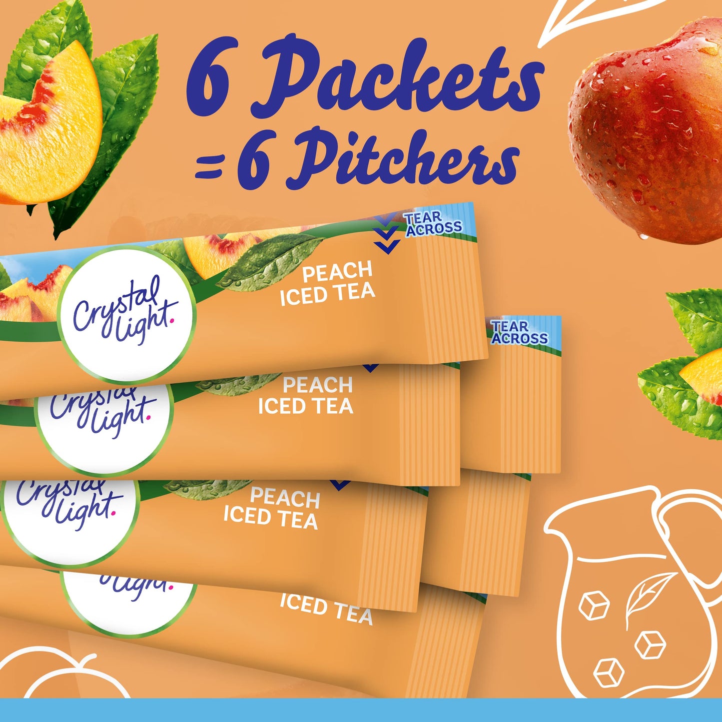 Crystal Light Sugar-Free Peach Iced Tea Low Calories Powdered Drink Mix 6 Count Pitcher Packets