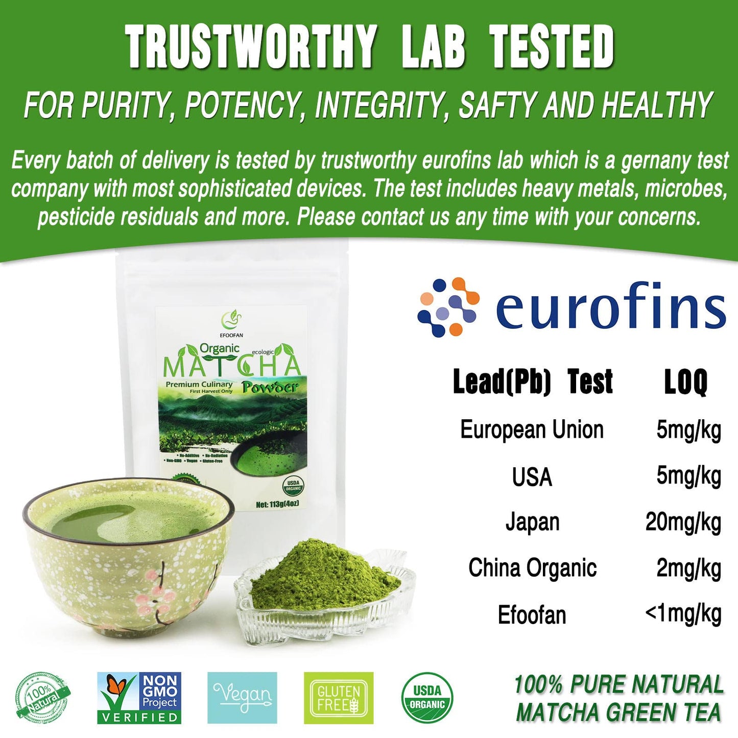 Efoofan Organic Matcha Green Tea Powder, Premium Culinary Grade (4Oz), Japanese Tencha Flavor, First Harvest, Te Marcha Organico