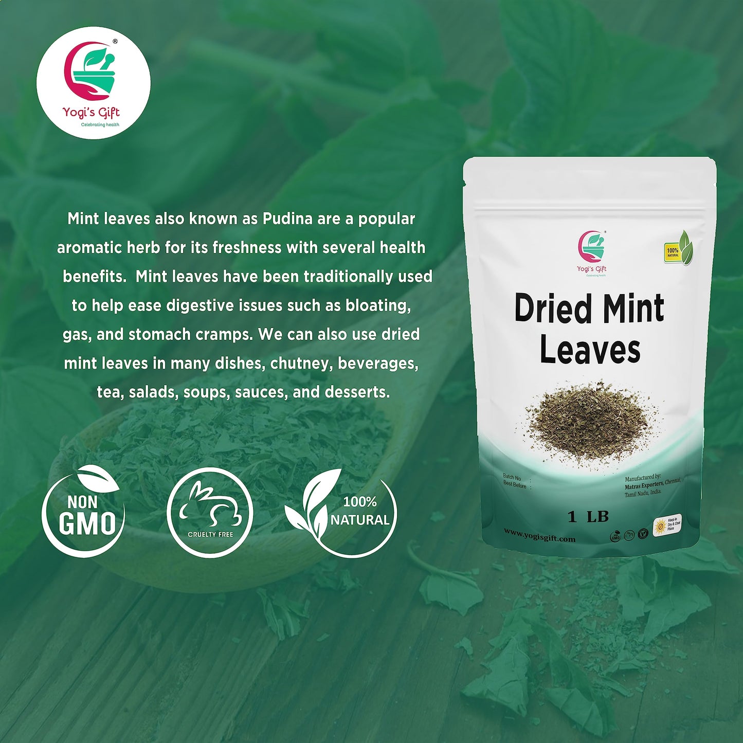 Dried Mint Leaves 1 Lb | Peppermint Leaves For Tea & Savoury | Non-Gmo, Ethically Sourced, Cut & Sifted | Bulk Tea Loose Leaf -