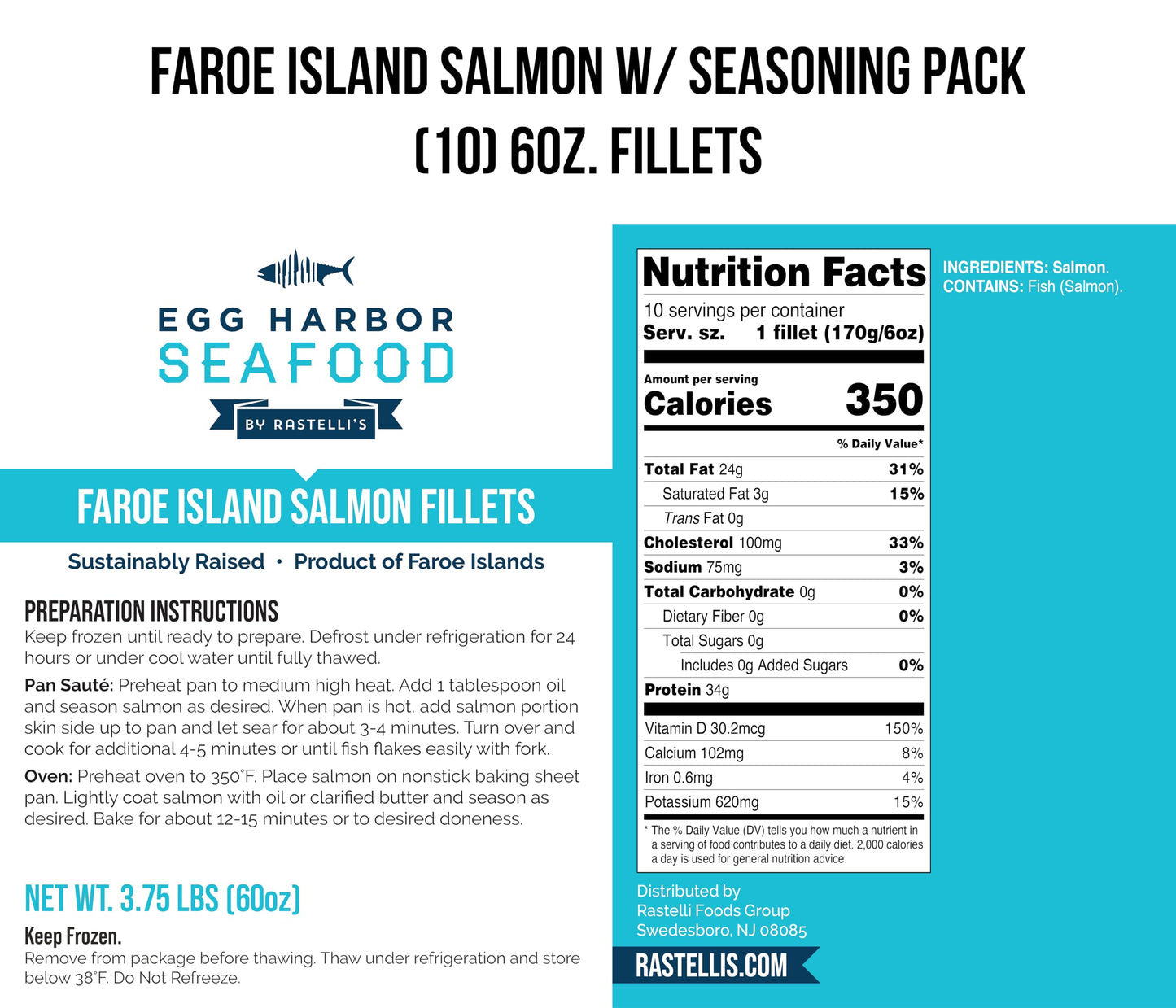 Rastellis Faroe Island Salmon Portions, 6 oz each, 10 Pack, 3.75 lbs Total
