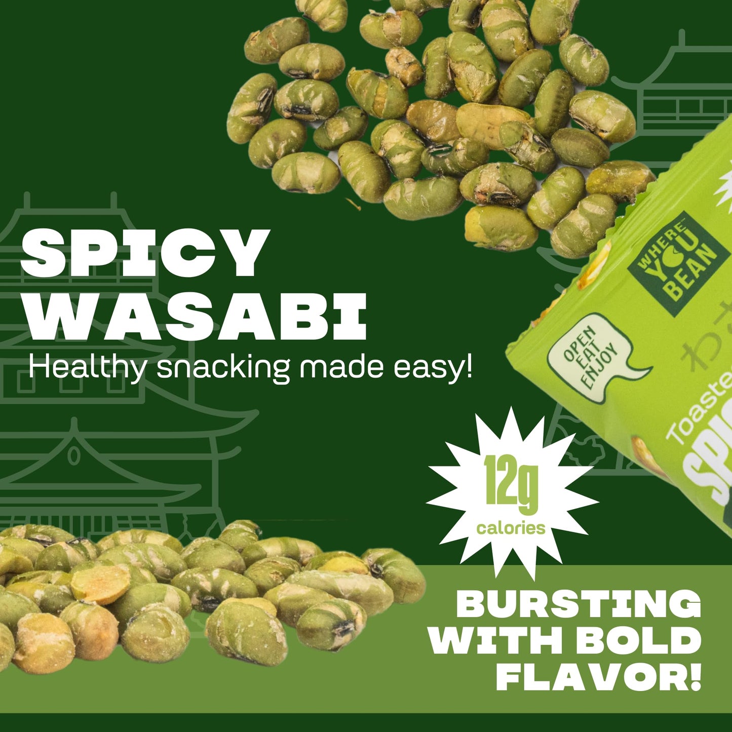 Where You Bean Edamame Beans Snack (Spicy Wasabi) - Crunchy And Dry Roasted Edamame Beans - High Protein Snacks, Keto And Vegan