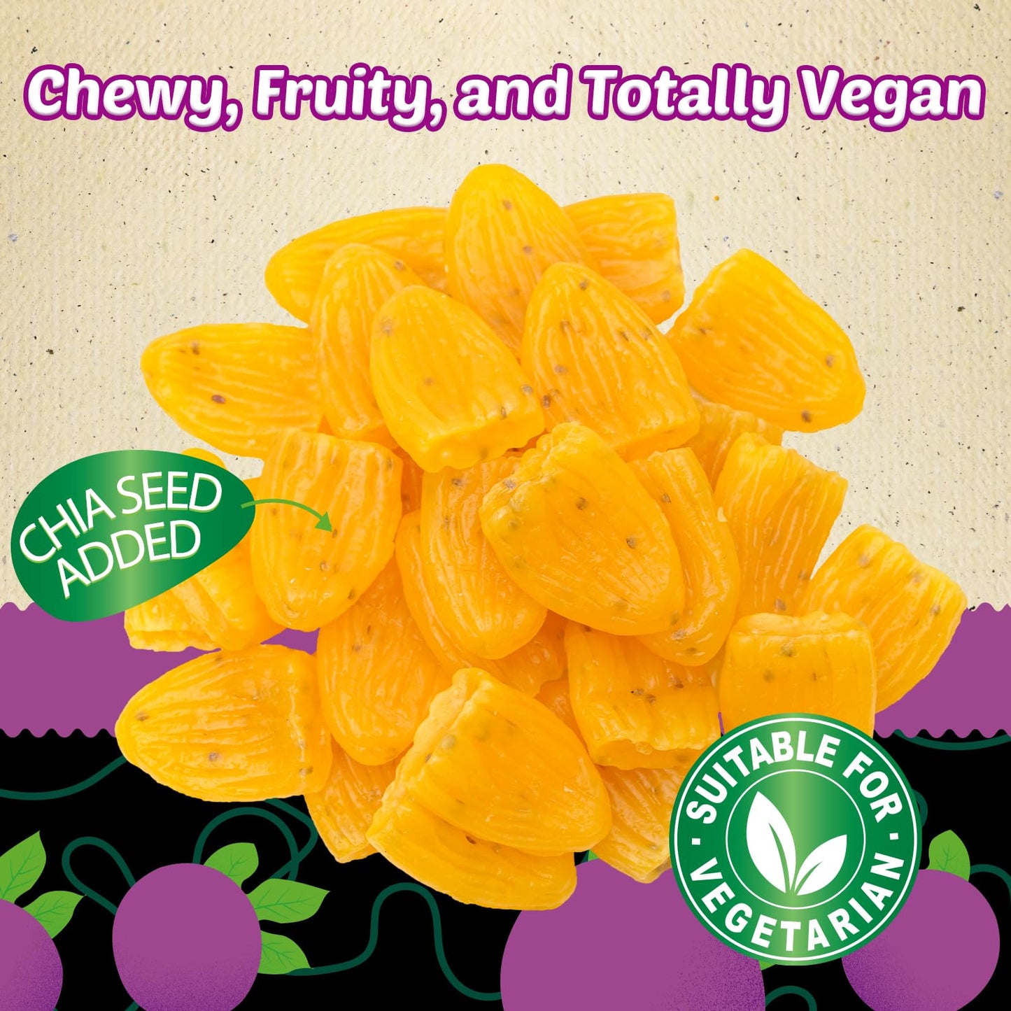 Amos Chewtopia Passion Fruit Gummy Jerky - Vegan Chewy Fruit Snack, Tropical Passion Fruit Flavor, Soft & Chewy Candy, 8.47Oz Bo