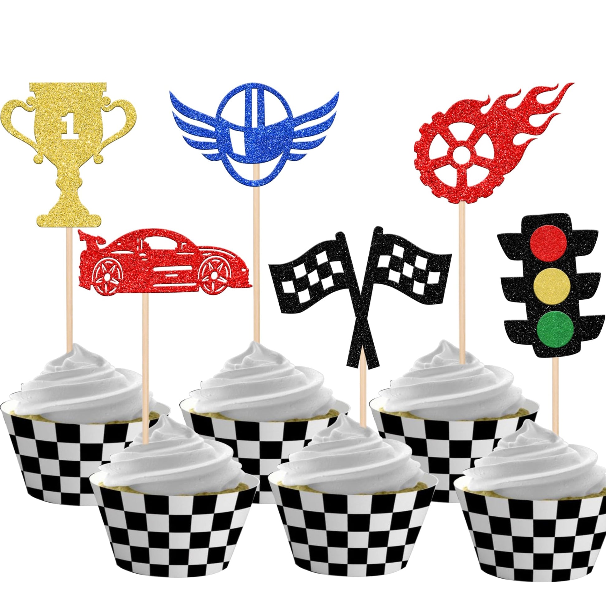 24 Pcs Race Car Cupcake Toppers Glitter Traffic Light Wheel Trophy Flag Helmet Racing Car Cupcake Picks For Let'S Go Racing Spor