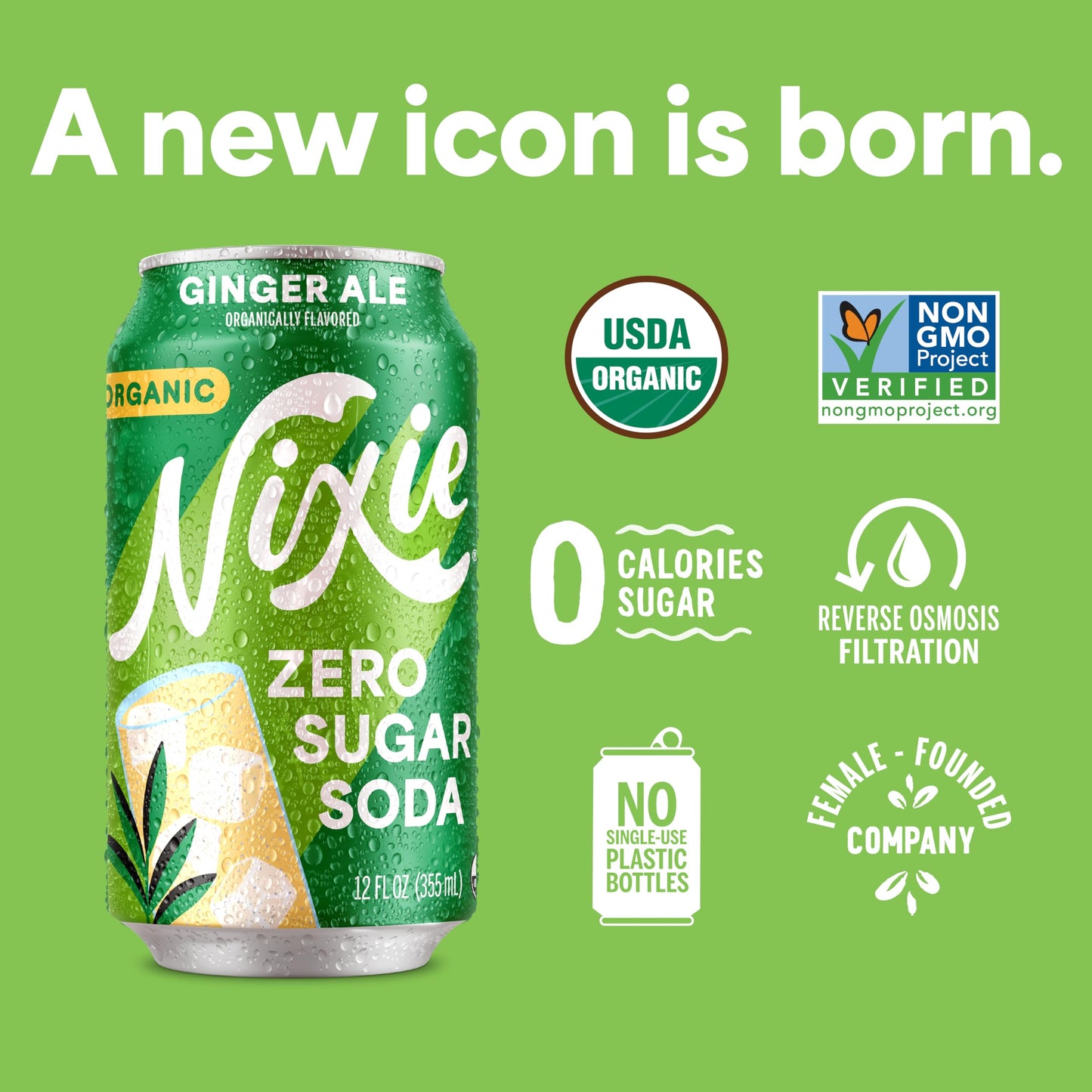 Nixie Organic Zero Sugar Soda, Ginger Ale, Non-GMO, Caffeine Free, 12oz Cans, 12 Pack