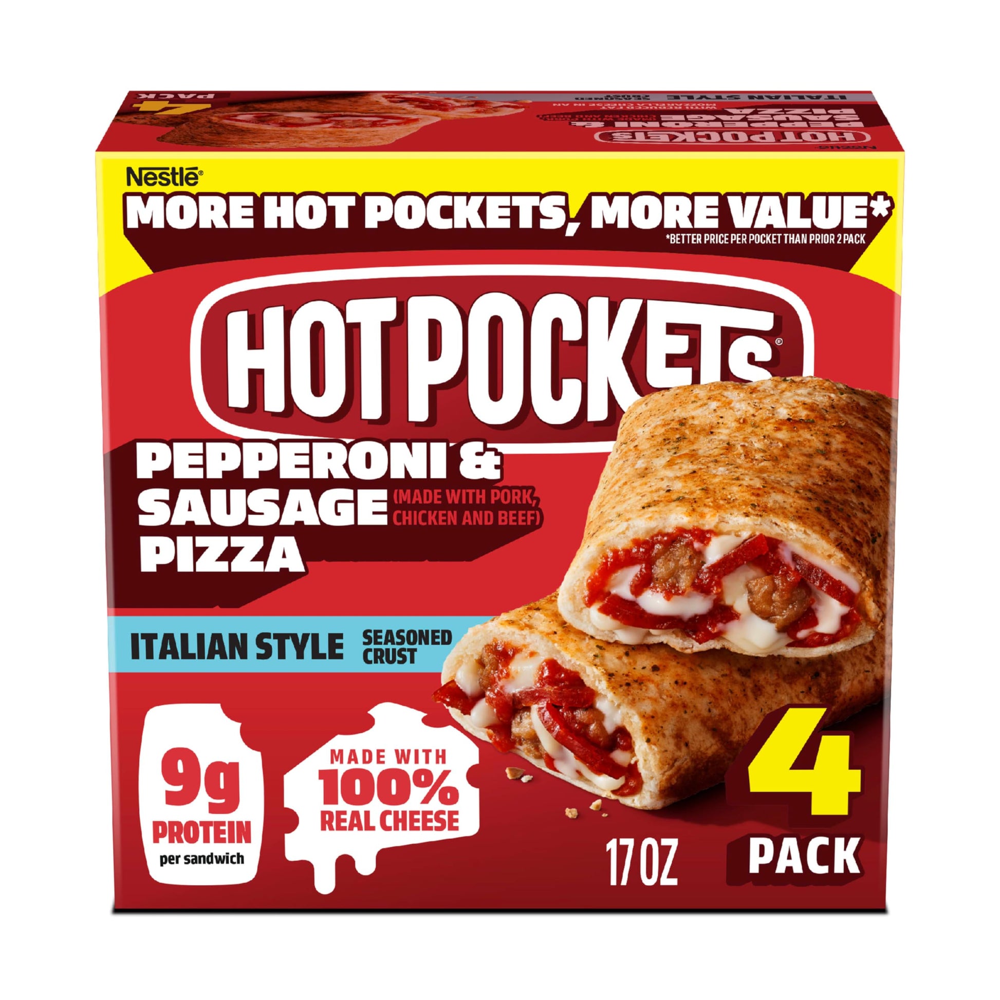 Hot Pockets Pepperoni and Sausage Pizza, Hot Pockets Frozen Sandwiches, Frozen Snacks, Air Fryer Snacks, 9g Protein, 4-Pack