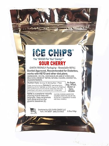 Ice Chips Xylitol Candy In Large 5.28 Oz Resealable Pouch; Low Carb & Gluten Free (Sour Cherry)