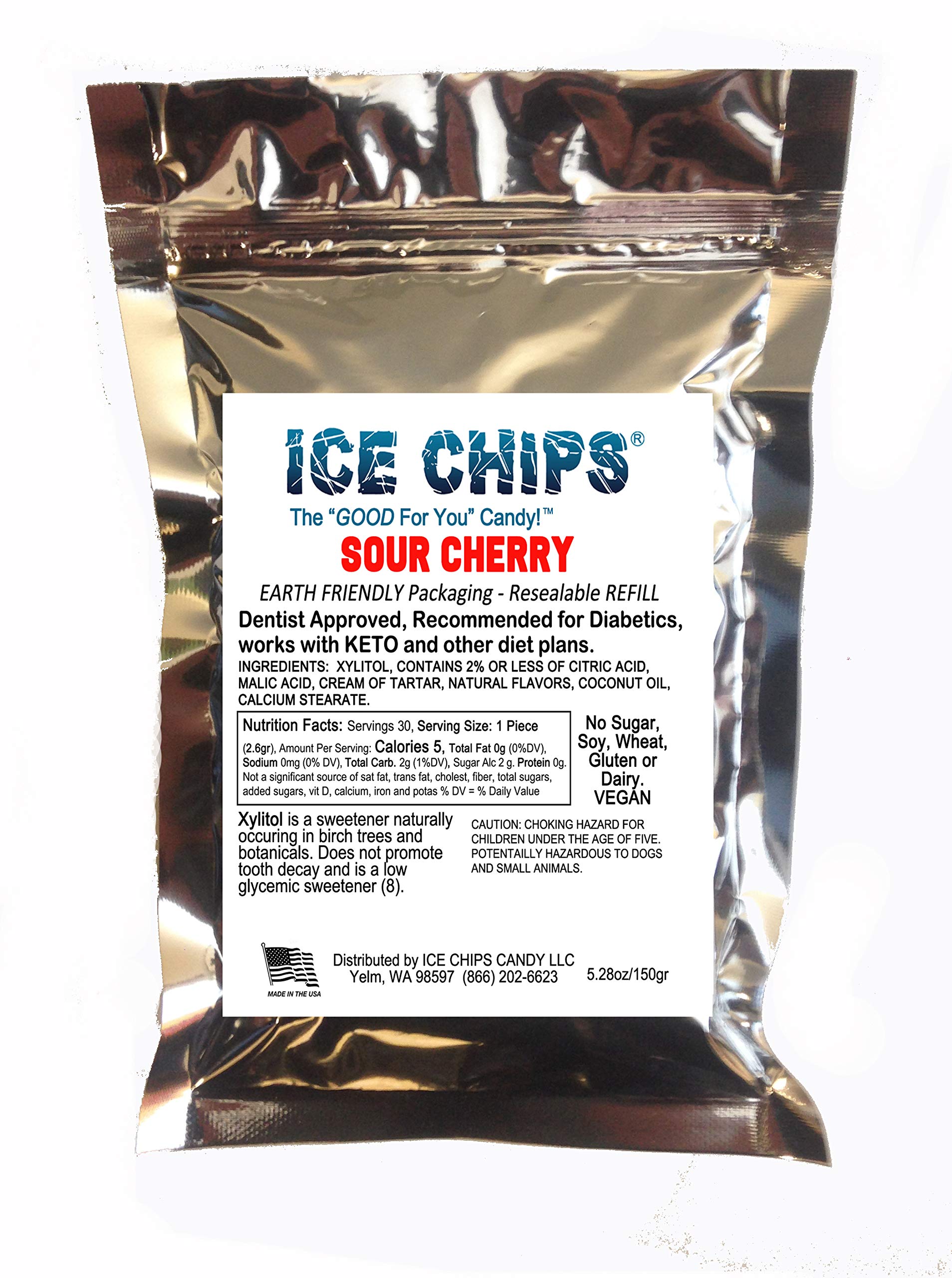 Ice Chips Xylitol Candy In Large 5.28 Oz Resealable Pouch; Low Carb & Gluten Free (Sour Cherry)