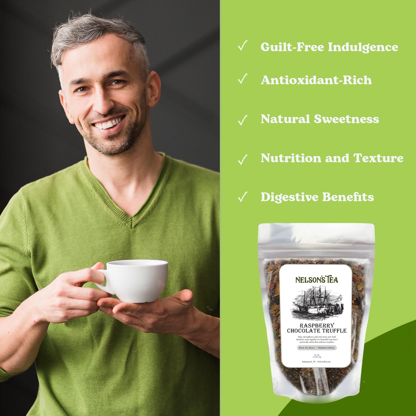 Nelsons Tea Raspberry Chocolate Truffle Loose Leaf Black Tea, 4 oz, Infused with Natural Flavors, Includes Raspberry Leaf and Carob Beans