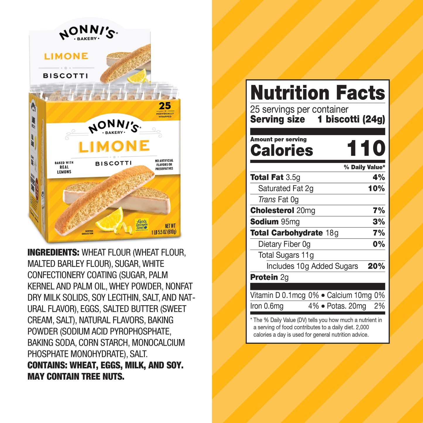 Nonnis Biscotti Cookies - Lemon-Iced, Crunchy Twice-Baked, 21.5 oz Carton, Individually Wrapped, Yellow