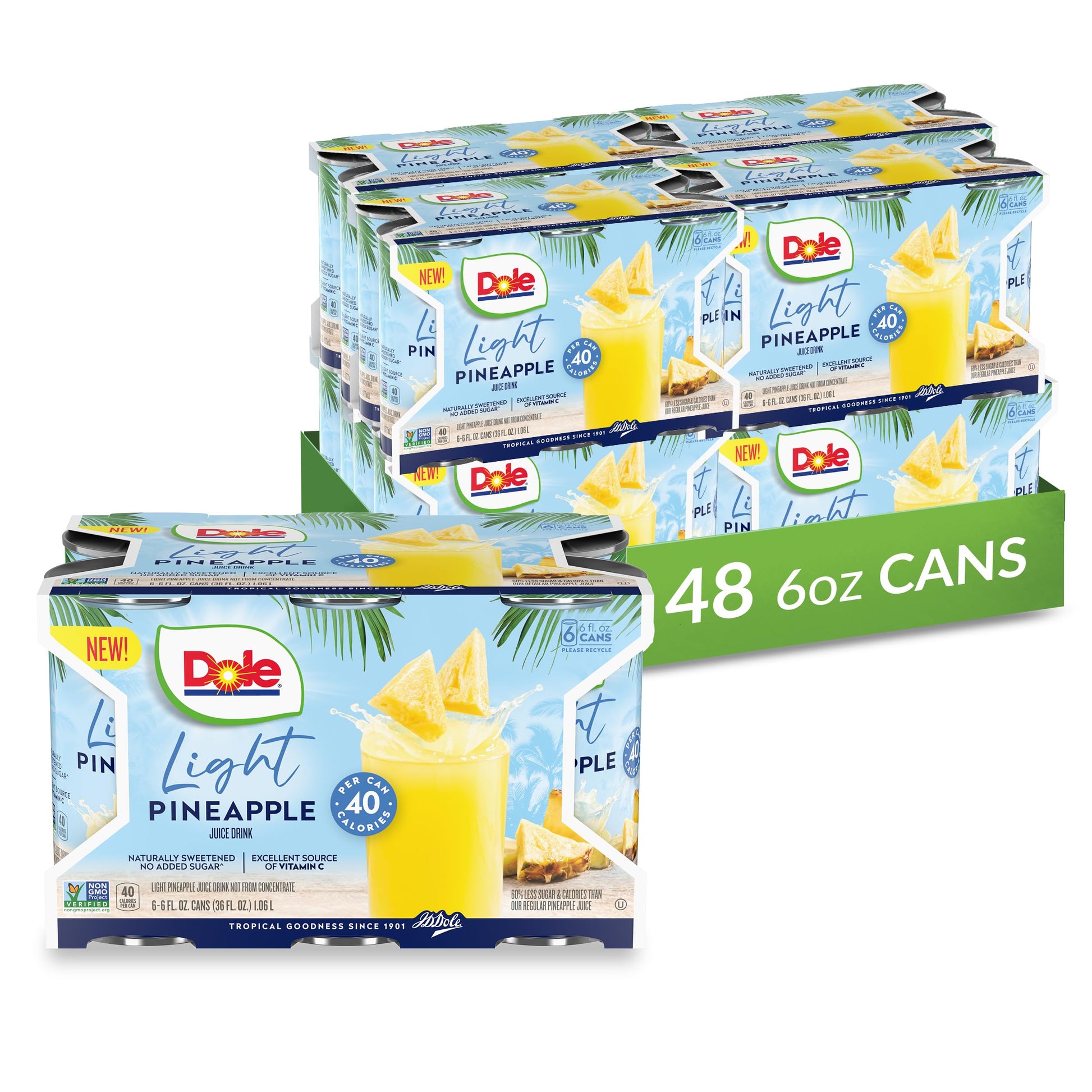 Dole Light Pineapple Juice Drink, No Added Sugar, 40 Calories Per Can, Excellent Source Of Vitamin C, 100% Fruit Juice, 6 Fl Oz (Pack Of 48)