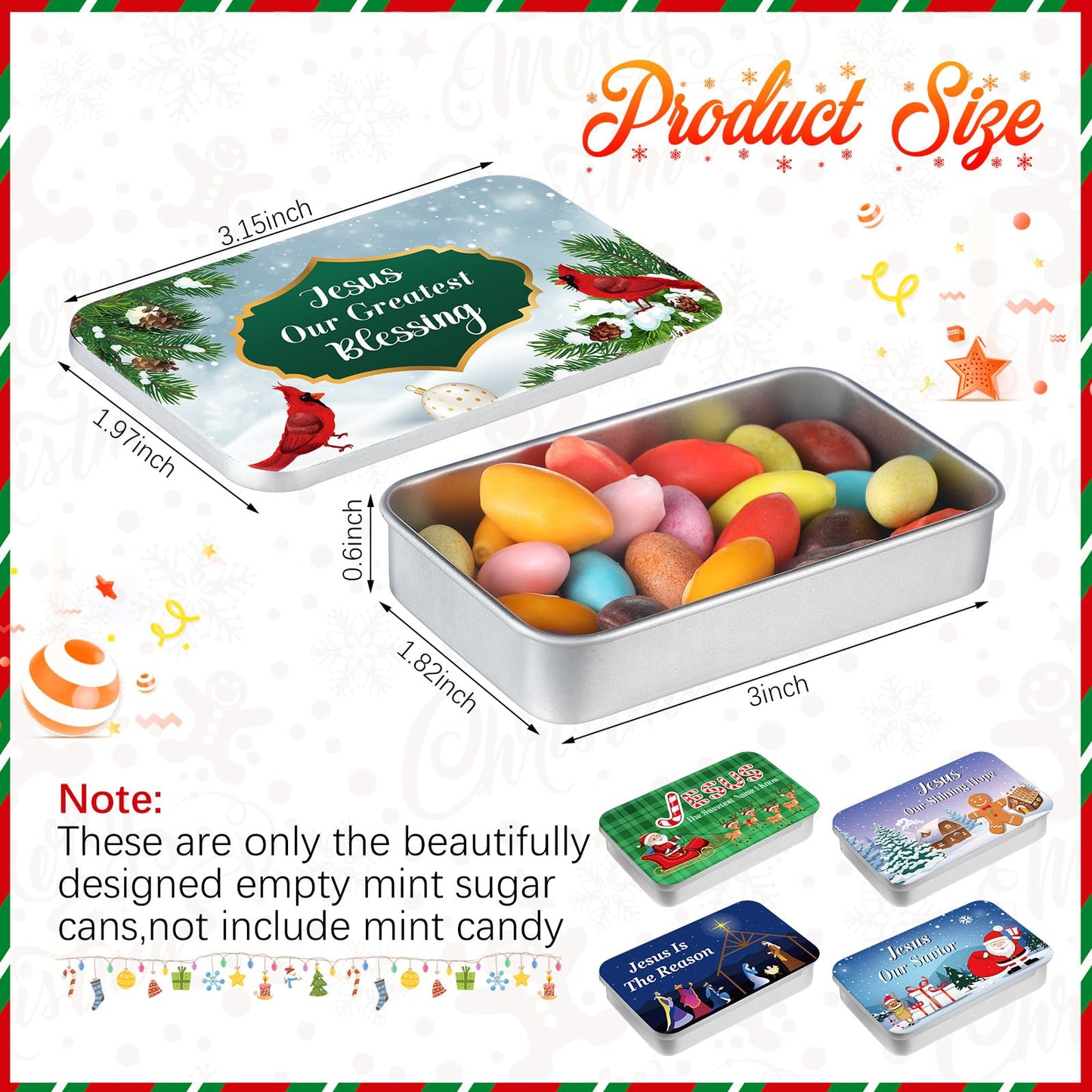 Tioncy 12 Pcs Christian Christmas Mint Candy Tins, 3 x 1.97 x 0.6 inches, Gift for mature-themeds Teens, Model BOO-Tioncy-531