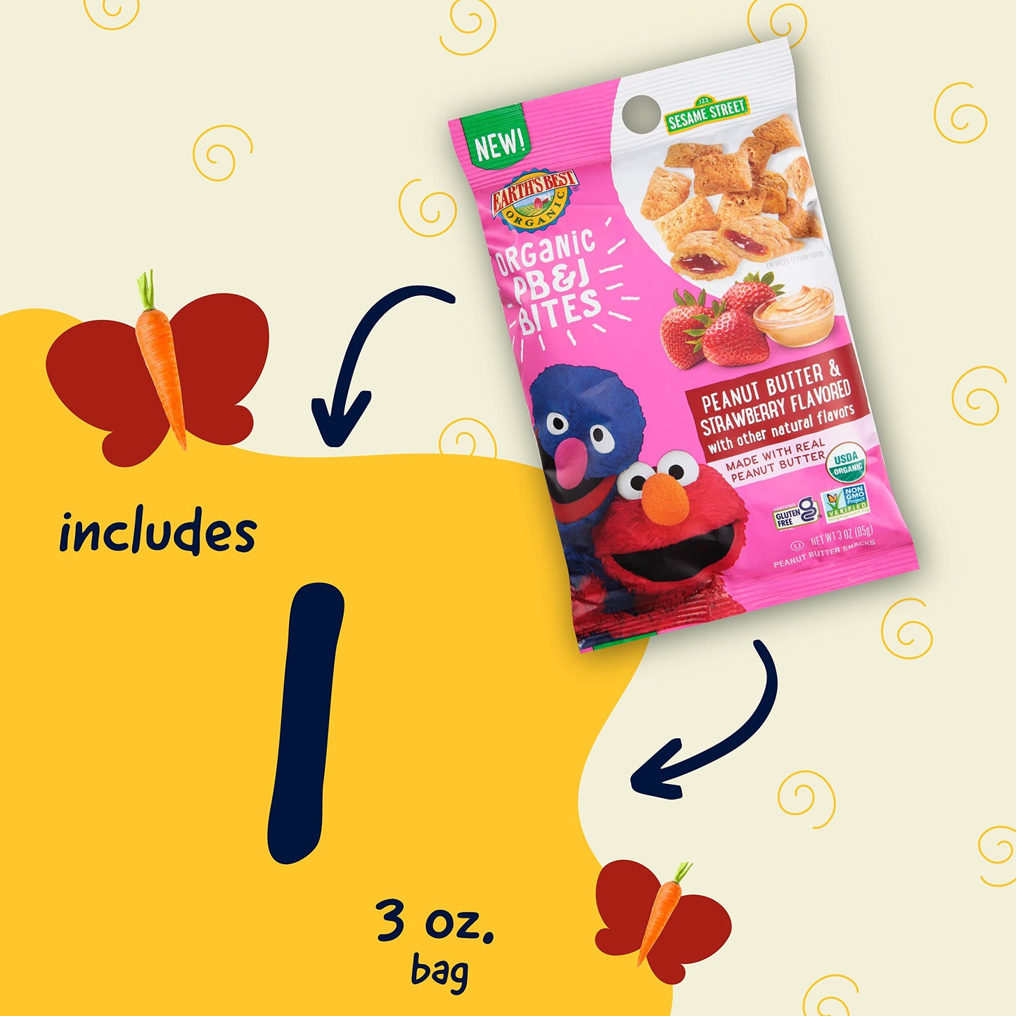 Earth'S Best Organic Kids Snacks, Sesame Street Toddler Snacks, Organic Pb&J Bites For Toddlers 2 Years And Older, Peanut Butter