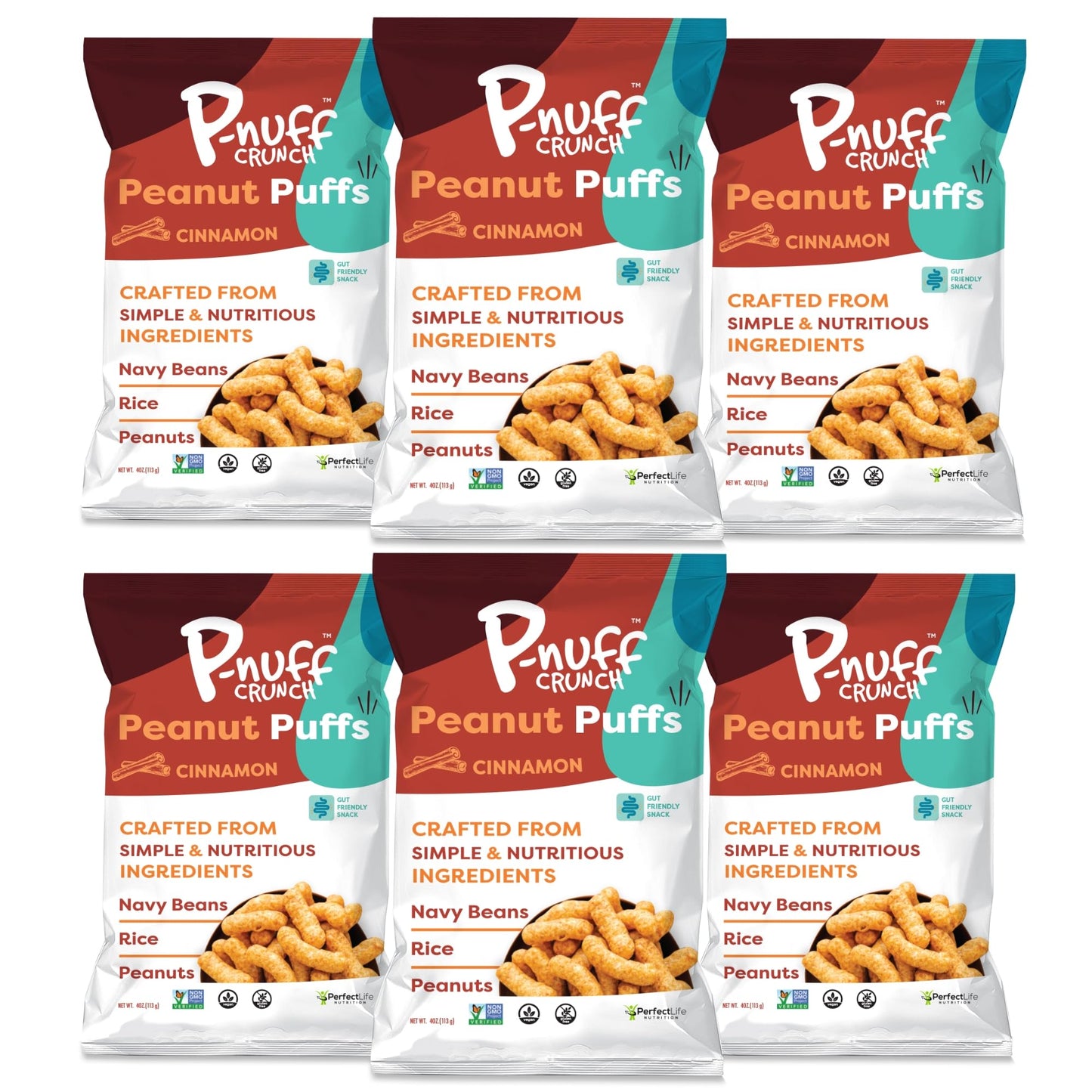 P-Nuff Crunch Baked Peanut Puffs - Vegan, Gluten Free, Low FODMAP, 20g Protein, 4oz Bag, Cinnamon, Pack of 6