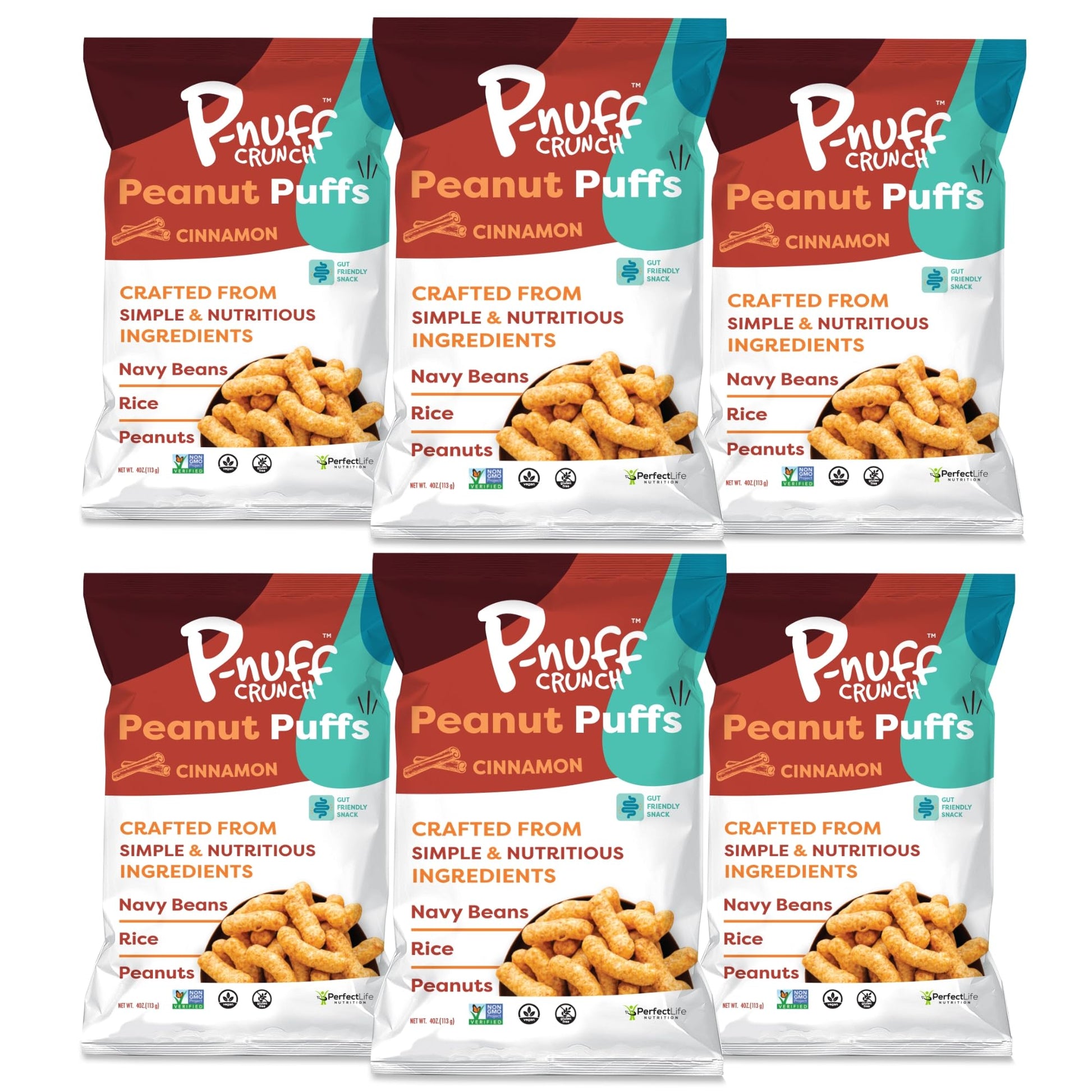 P-Nuff Crunch Baked Peanut Puffs - Vegan, Gluten Free, Low FODMAP, 20g Protein, 4oz Bag, Cinnamon, Pack of 6