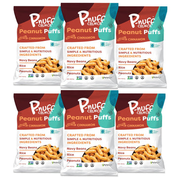 P-Nuff Crunch Baked Peanut Puffs - Vegan, Gluten Free, Low FODMAP, 20g Protein, 4oz Bag, Cinnamon, Pack of 6