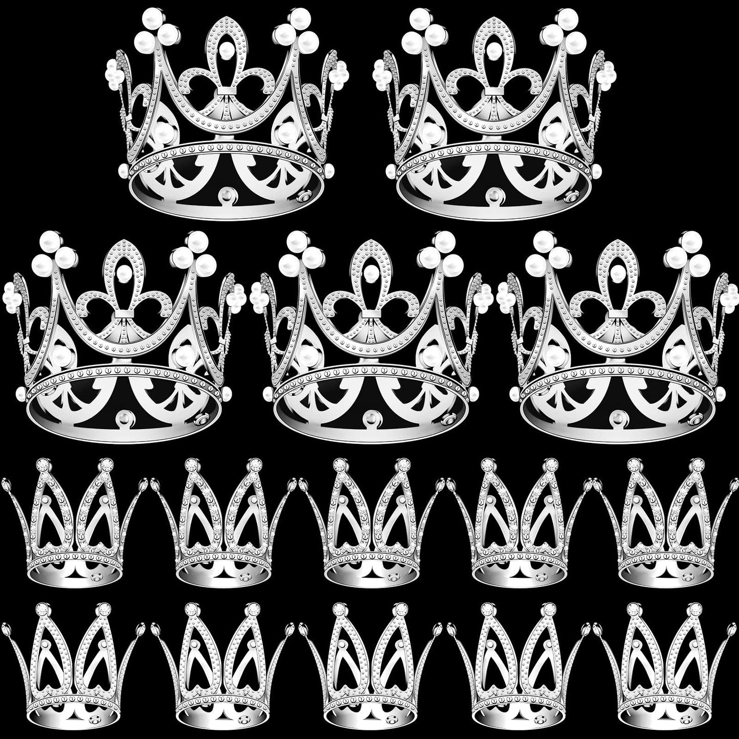 15Pcs Crown Cake Topper, Silver Mini Crowns, Small Crystal Pearl Cupcake Toppers For Flower Arrangements Cupcake Baby Shower Bir