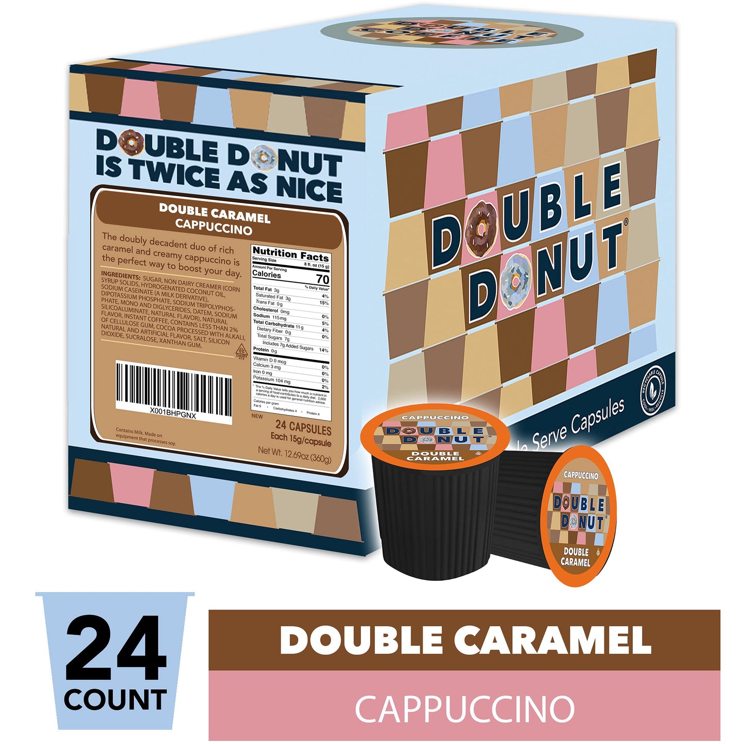 Double Donut Coffee Cappuccino Pods  Caramel Cappuccino  Single Serve for Keurig K Cups malt-inspired  24 Count