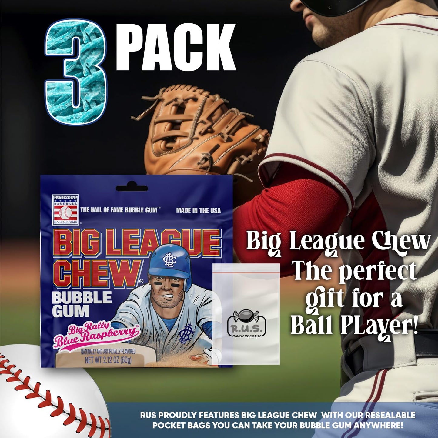 Big League Chew- Big Rally Blue Raspberry Flavored Shredded Bubble Gum- 3 Pack- 2.12Oz Each Plus Rus Candy Company Pocket Bag Bu