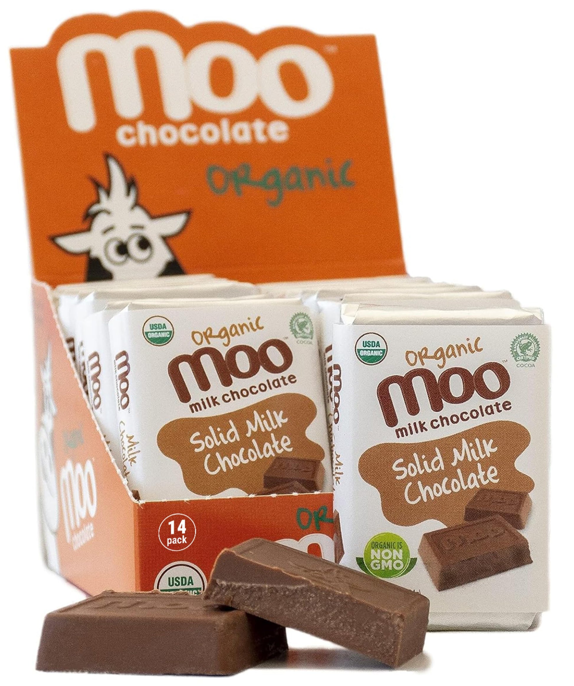 Moo Chocolates Organic Solid Milk Chocolate Mini Bars 0.7oz, 14 ct (Pack of 1) | USDA Organic, Non-GMO | 110 Calorie Snacks for 