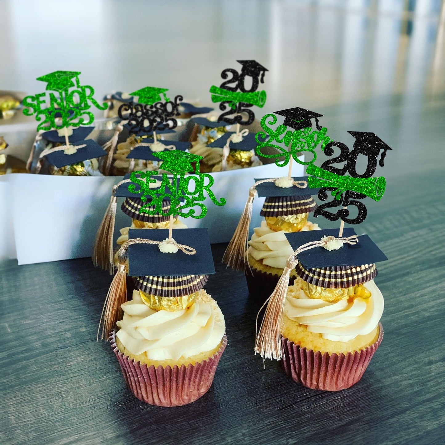 Gyufise Graduation Cupcake Toppers, 24 Pcs Green Glitter Picks for Class of 2025, Paper Decorations for Graduation Party Supplies