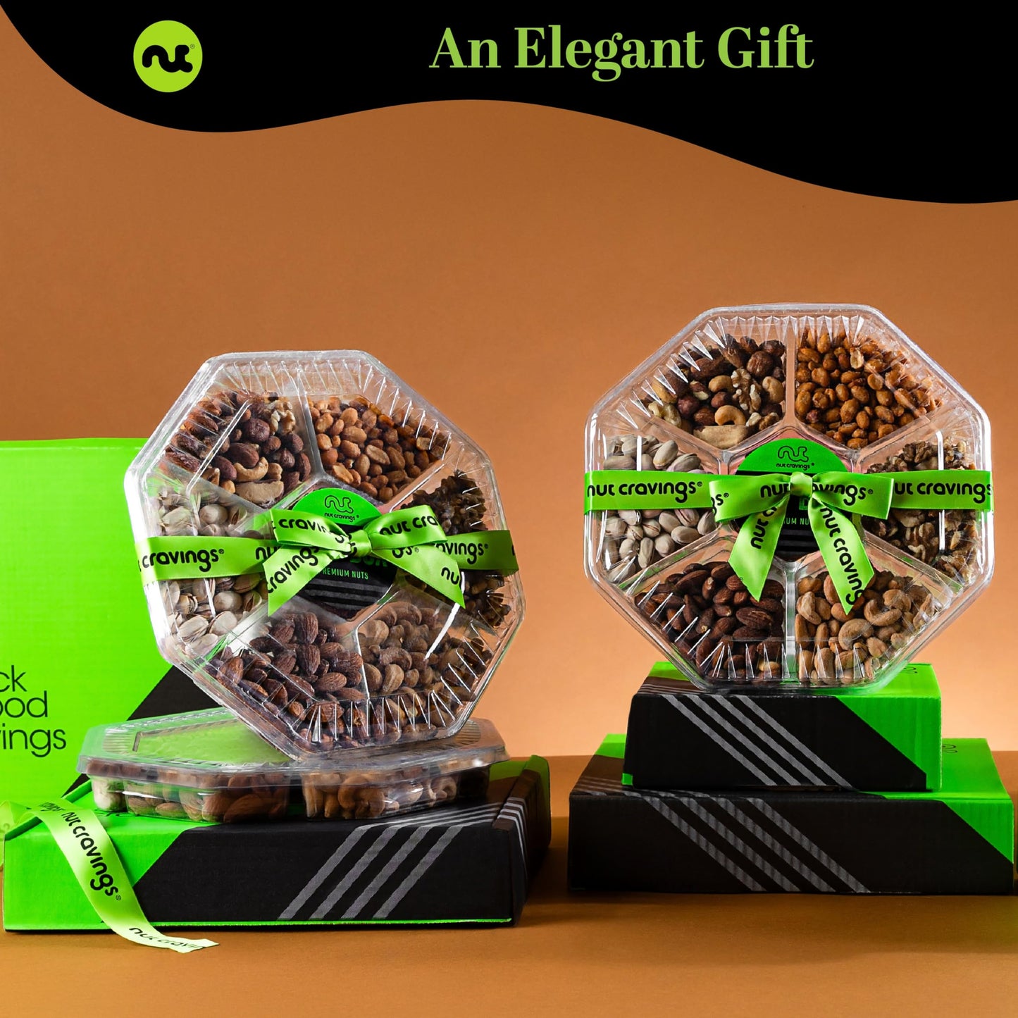 Nut Cravings Gourmet Collection - Rosh Hashana & Shana Tova Mixed Nuts Gift Basket + Green Ribbon (7 Assortments, 1 Lb) Arrangem