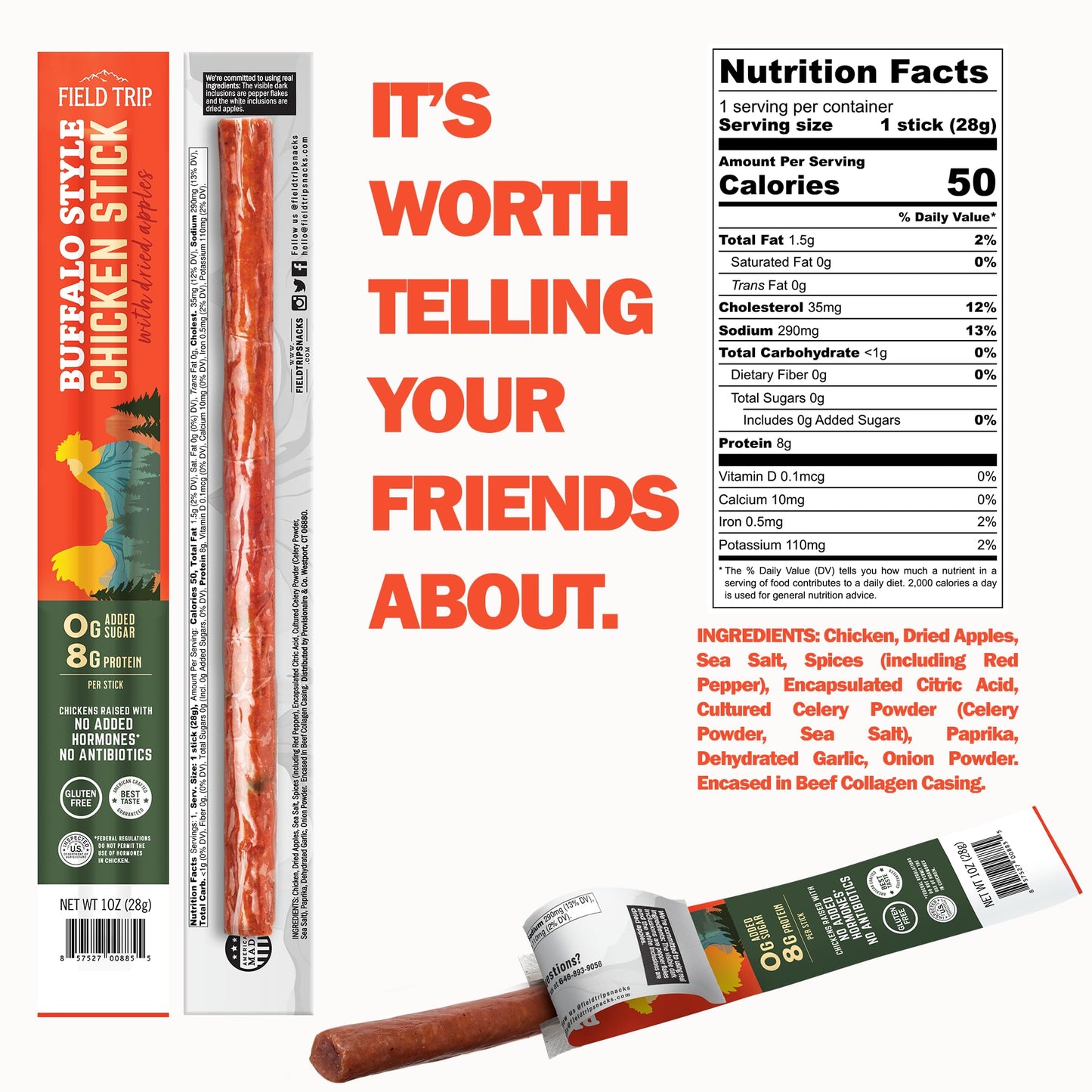 Field Trip Spicy Buffalo Chicken Jerky Sticks, 1oz Pack of 10, 0 Sugar, Keto, Paleo, Gluten Free, High Protein Snack