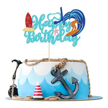 Gyufise 1Pc Summer Happy Birthday Cake Topper Blue Glitter Summer Pool Swimming Surfing Cake Decoration For Summer Holiday Beach